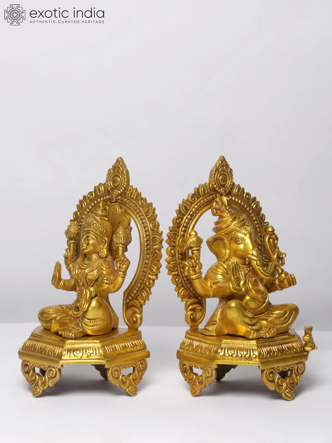 11" Brass Pair of Ganesha - Lakshmi Seated on Throne