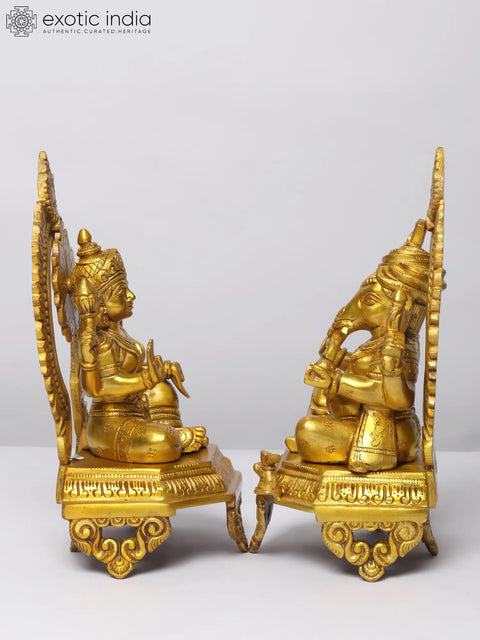 11" Brass Pair of Ganesha - Lakshmi Seated on Throne