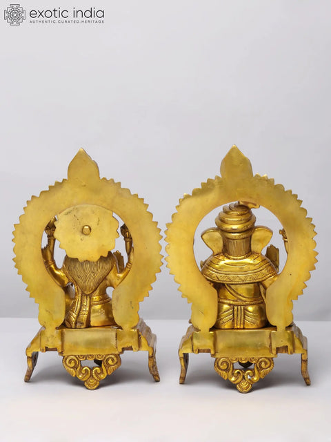 11" Brass Pair of Ganesha - Lakshmi Seated on Throne
