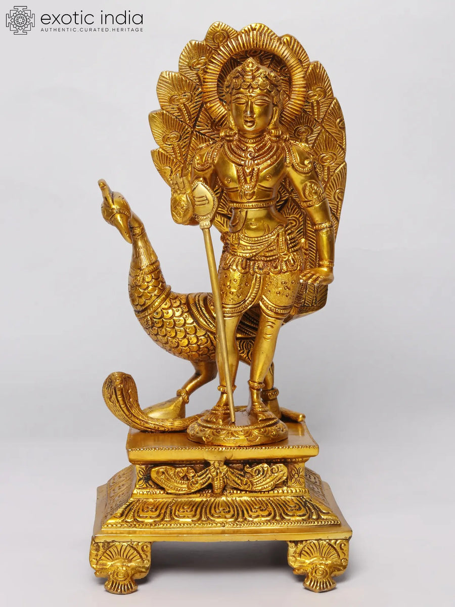 12" Lord Murugan Brass Statue with Peacock Standing on Pedestal