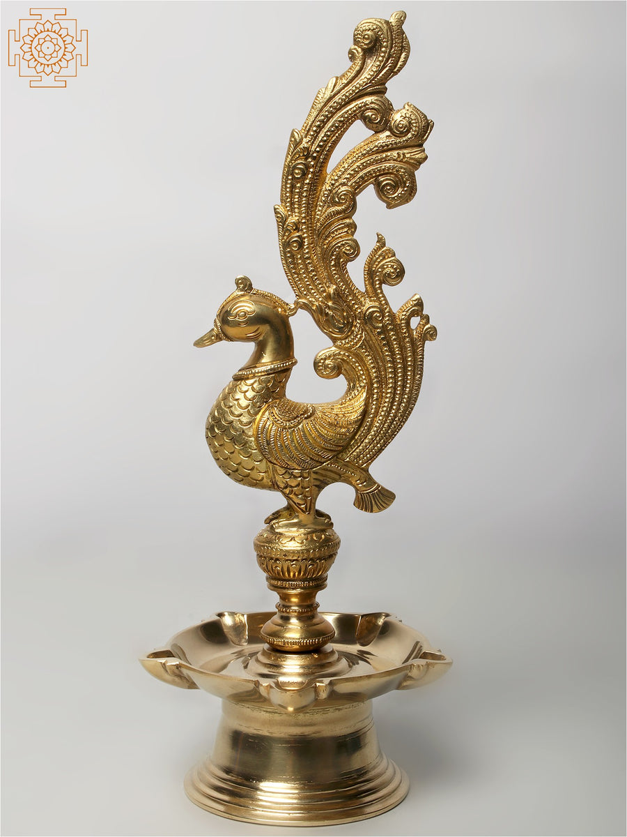 12" Brass Peacock Five Wicks Oil Lamp