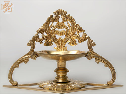 10" Brass Diya Oil Lamp with Stand for Pooja