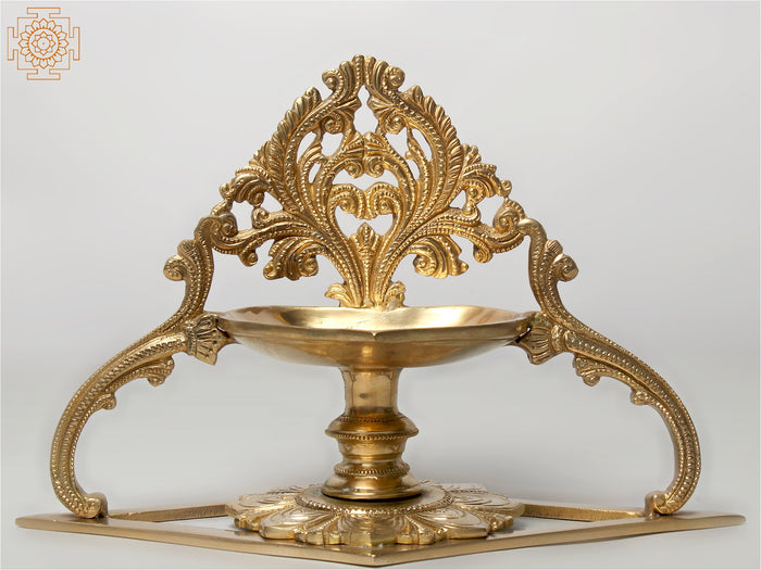 10" Brass Diya Oil Lamp with Stand for Pooja
