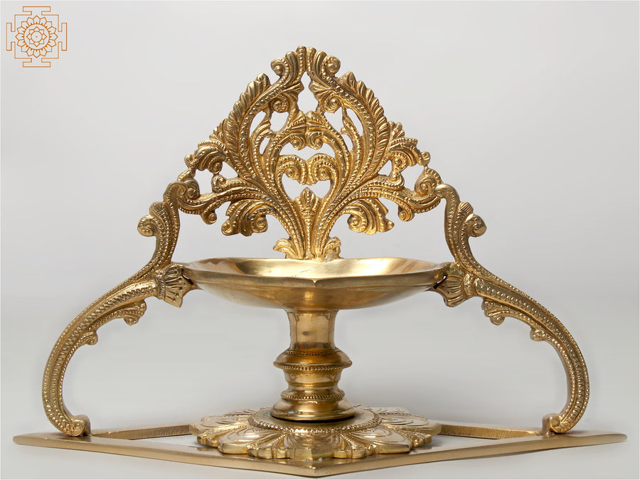10" Brass Diya Oil Lamp with Stand for Pooja