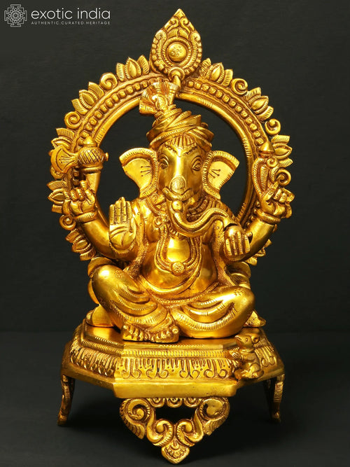 11" Seated Ganesha on Throne Brass Statue with Turban