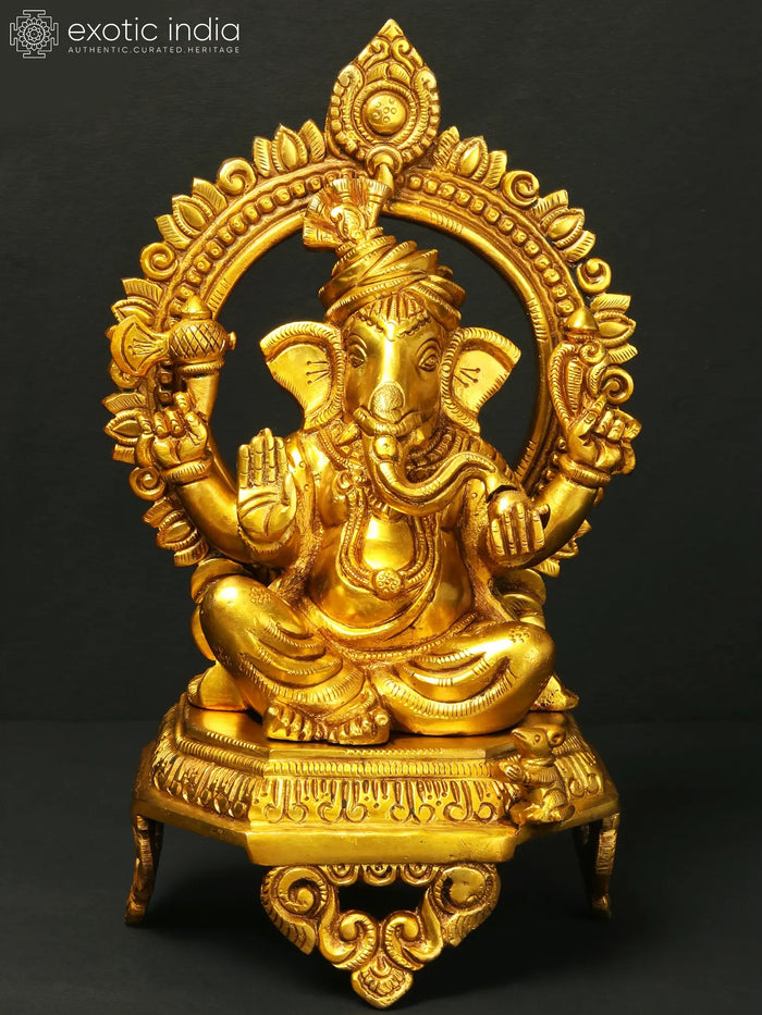 11" Seated Ganesha on Throne Brass Statue with Turban