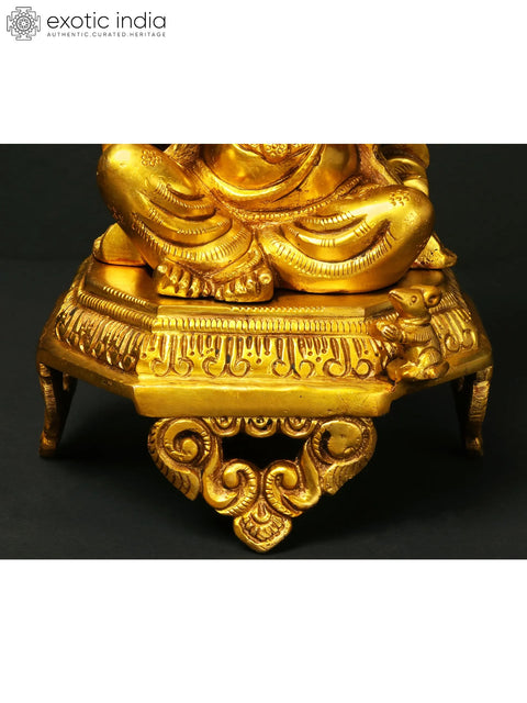 11" Turbaned Lord Ganesha Seated on Throne | Brass Statue