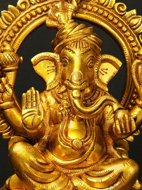 11" Turbaned Lord Ganesha Seated on Throne | Brass Statue