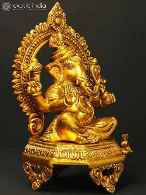 11" Turbaned Lord Ganesha Seated on Throne | Brass Statue