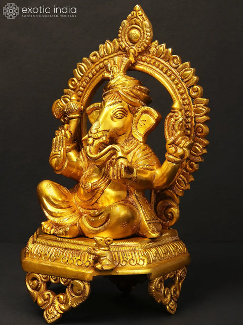11" Turbaned Lord Ganesha Seated on Throne | Brass Statue