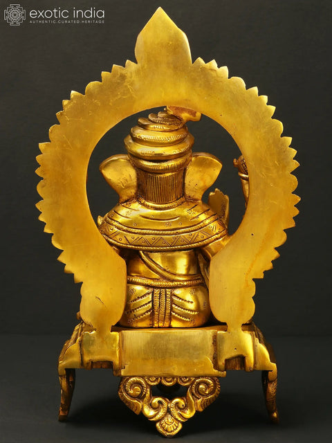 11" Turbaned Lord Ganesha Seated on Throne | Brass Statue