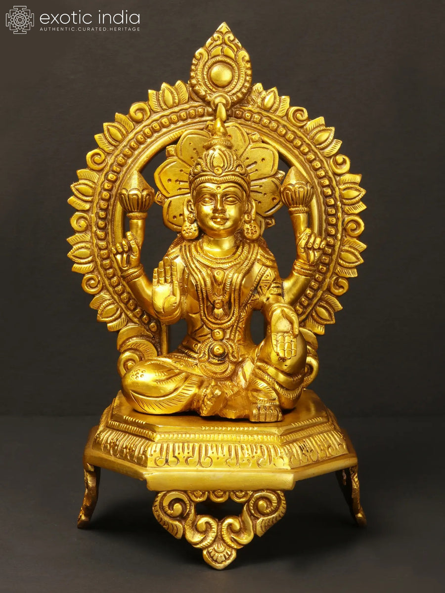 10" Devi Lakshmi Seated on Throne Brass Statue