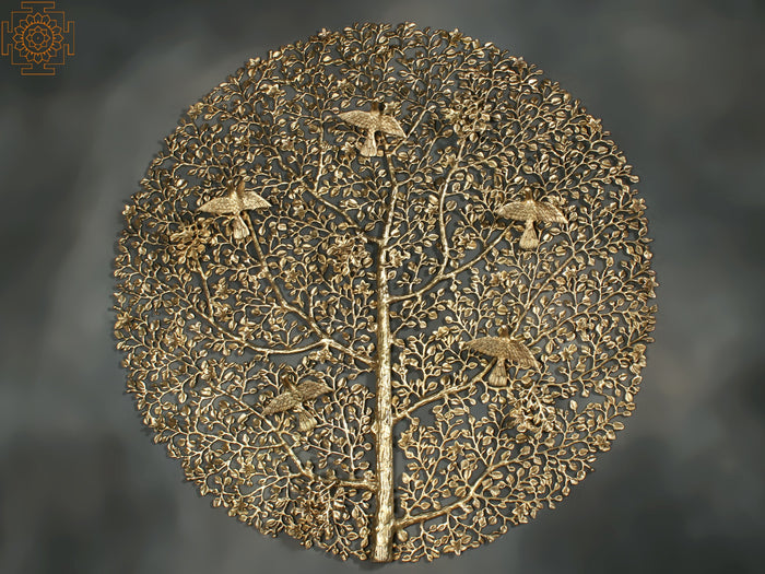 36" Large Round Shape Tree of Life with Chirping Birds in Brass | Wall Decor