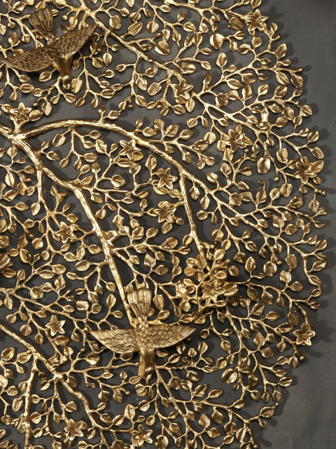 36" Large Round Shape Tree of Life with Chirping Birds in Brass | Wall Decor