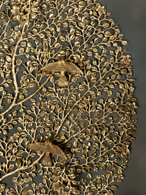 36" Large Round Shape Tree of Life with Chirping Birds in Brass | Wall Decor