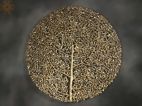 36" Large Round Shape Tree of Life with Chirping Birds in Brass | Wall Decor