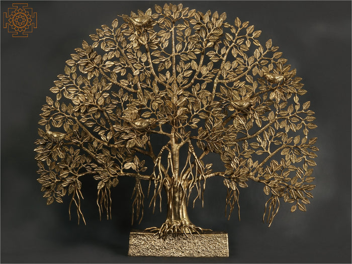 34" Large Tree of Life with Perched Birds in Brass