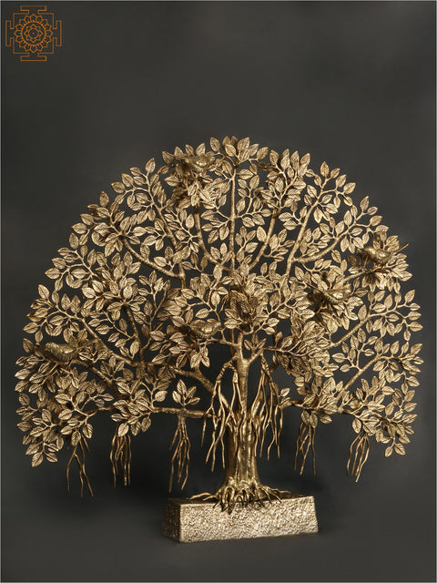 34" Large Tree of Life with Perched Birds in Brass