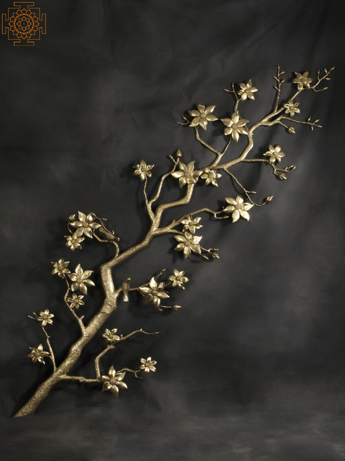 90" Large Brass Tree Branch with Flowers Wall Hanging Decor