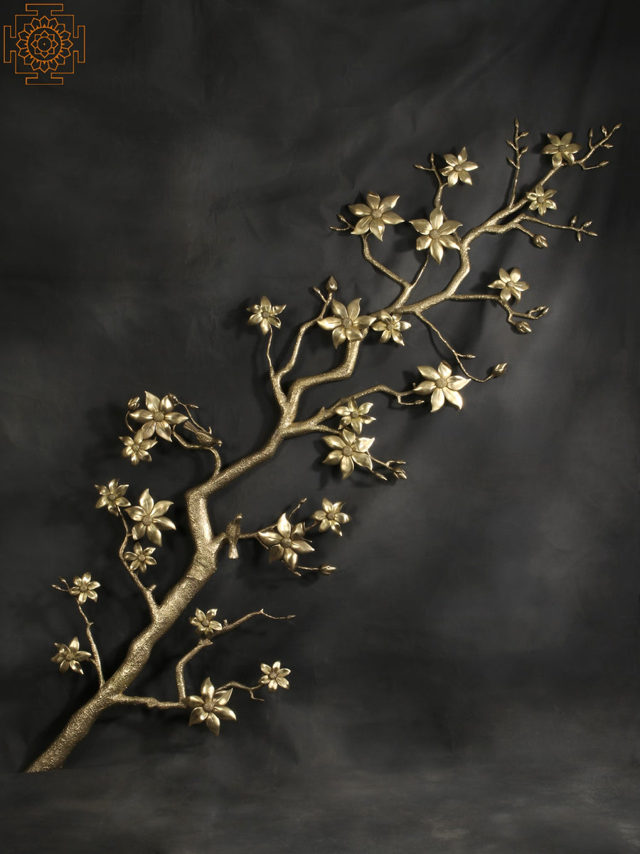 90" Large Brass Tree Branch with Flowers Wall Hanging Decor