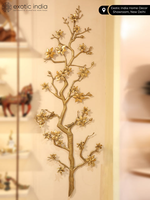 90" Super Large Brass Tree Branch with Flowers and Buds | Wall Decor