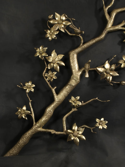 90" Super Large Brass Tree Branch with Flowers and Buds | Wall Decor