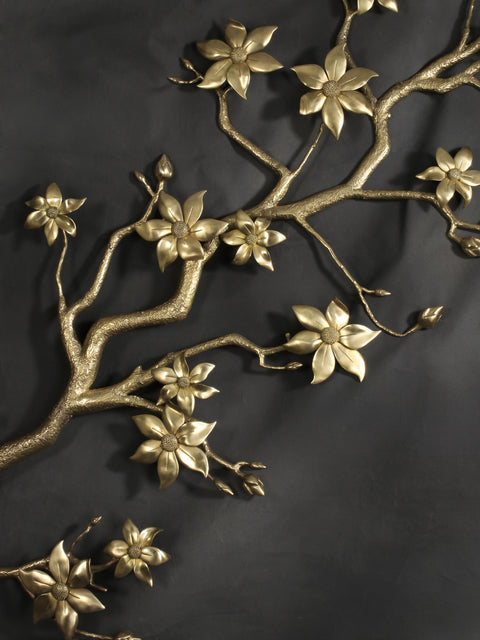 90" Super Large Brass Tree Branch with Flowers and Buds | Wall Decor
