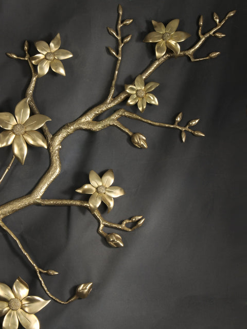 90" Super Large Brass Tree Branch with Flowers and Buds | Wall Decor