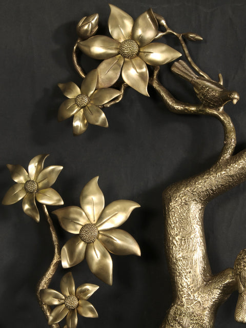90" Super Large Brass Tree Branch with Flowers and Buds | Wall Decor