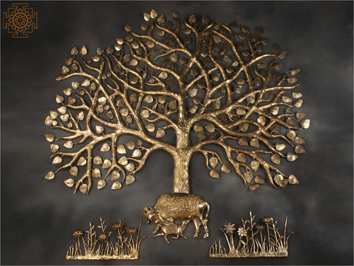 72" Large Brass Tree of Life Wall Sculpture with Cow and Calf