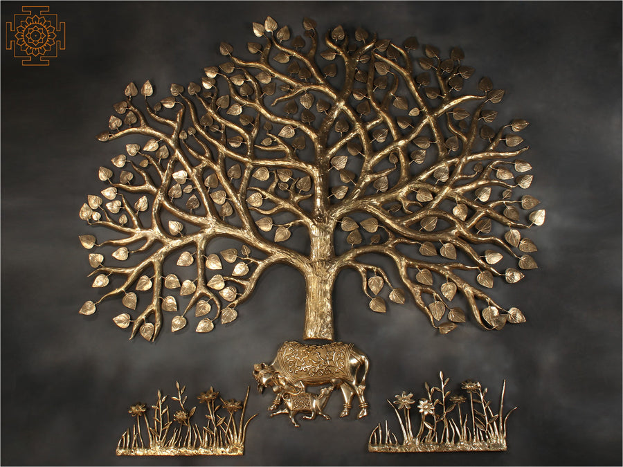 72" Large Brass Tree of Life Wall Sculpture with Cow and Calf