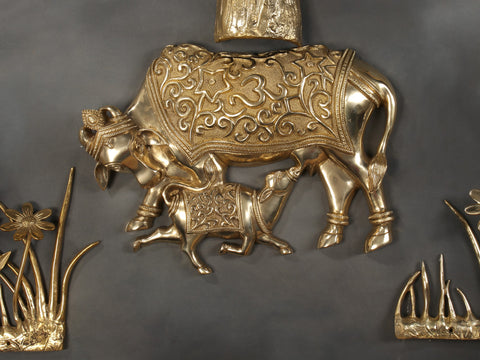 72" Super Large Brass Tree of Life with Cow and Calf and Flower Buds | Set of Four | Wall Decor