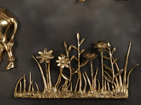 72" Super Large Brass Tree of Life with Cow and Calf and Flower Buds | Set of Four | Wall Decor