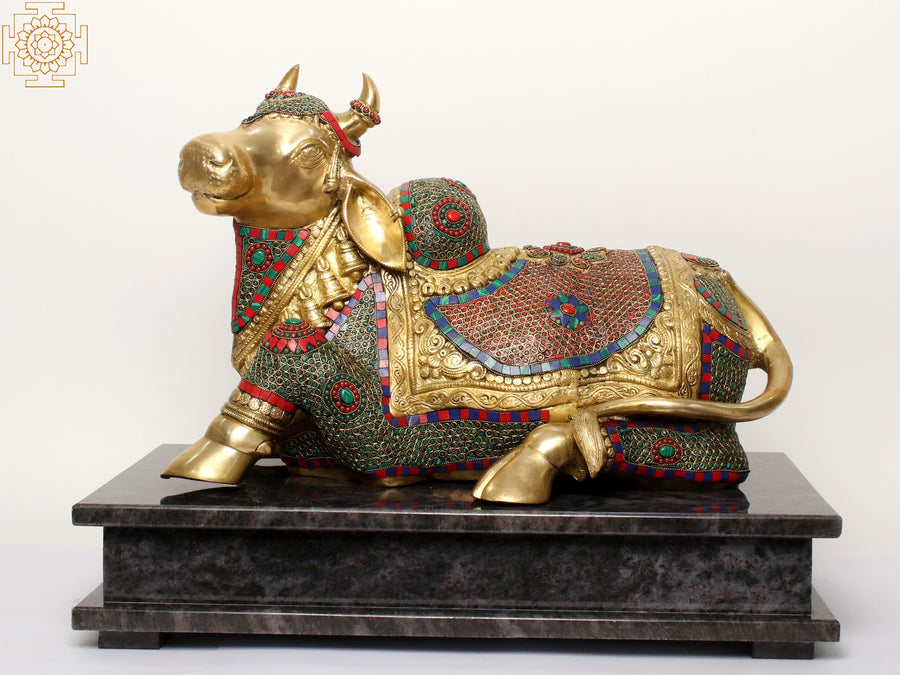 25" Brass Nandi Seated on Marble Base Statue