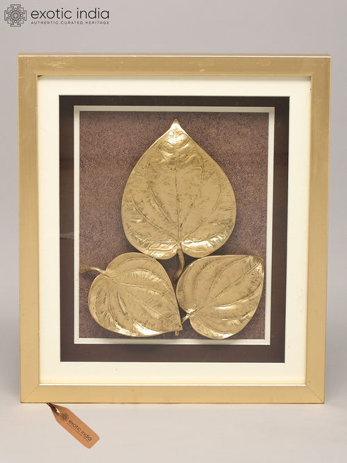 14" Brass Leaves Wood Framed Wall Hanging