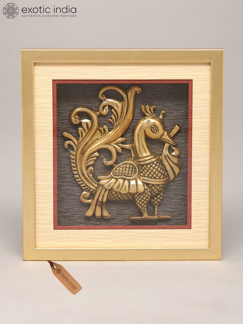 13" South Indian Peacock Brass Wall Hanging Sculpture with Wood Frame