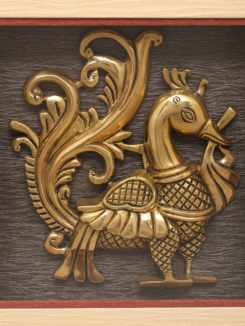 13" South Indian Peacock | Wood Framed Brass Sculpture | Wall Hanging