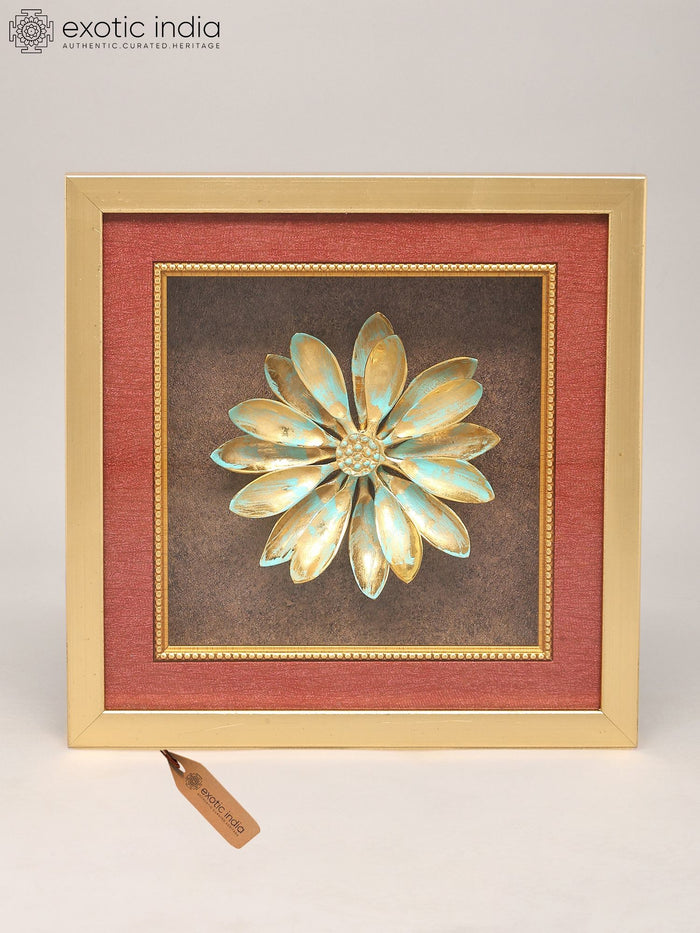12" Brass Flower Wall Hanging with Wood Frame