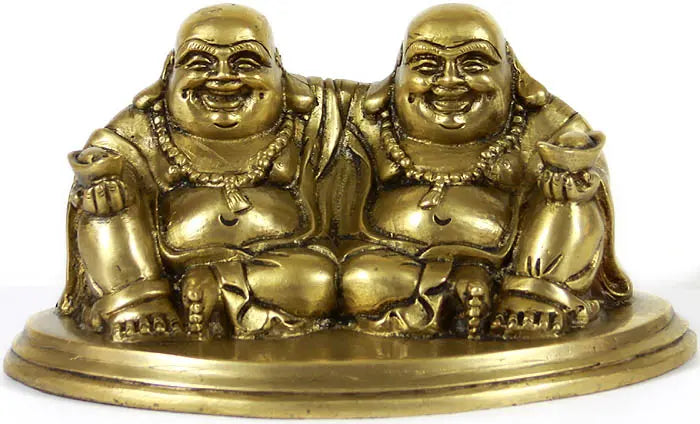 7" Pair of Laughing Buddhas Brass Statue Handmade