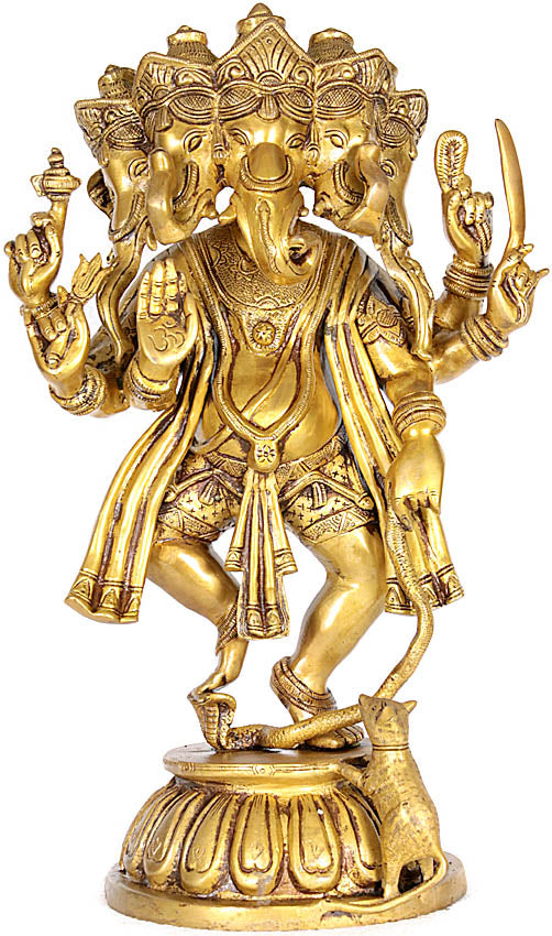 15" Panchmukhi Ganapati Handmade Brass Statue for Pooja