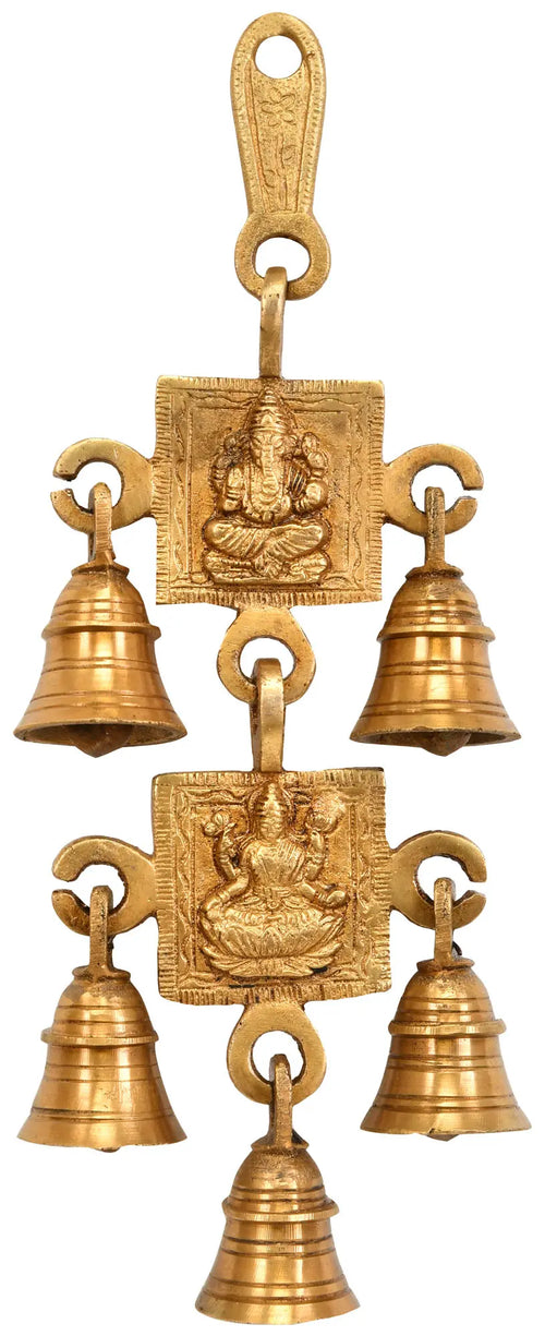 9" Brass Lord Ganesha and Lakshmi Wall Hanging Bells Handmade