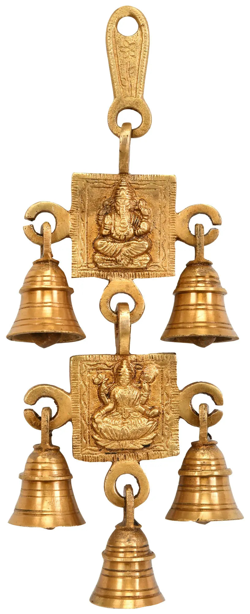 9" Brass Lord Ganesha and Lakshmi Wall Hanging Bells Handmade