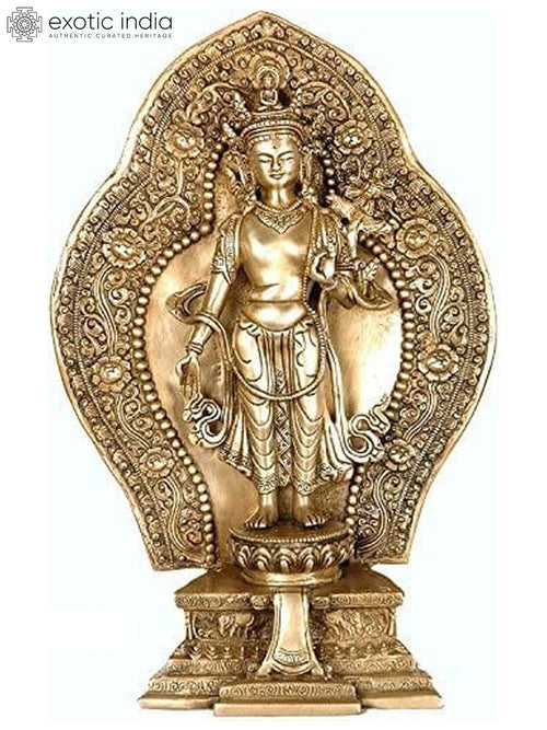 16" Padmapani Avalokiteshvara Brass Statue with Ornamented Aureole