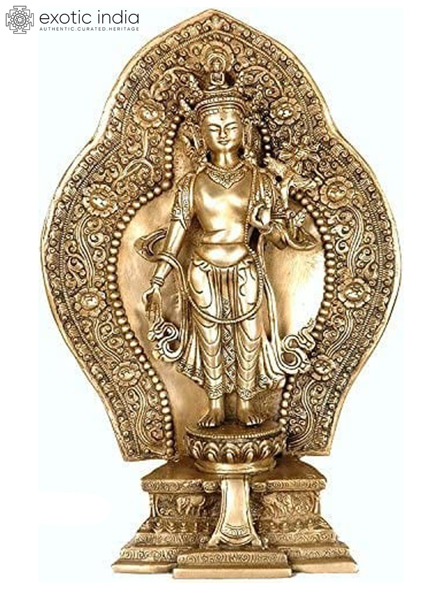 16" Padmapani Avalokiteshvara Brass Statue with Ornamented Aureole