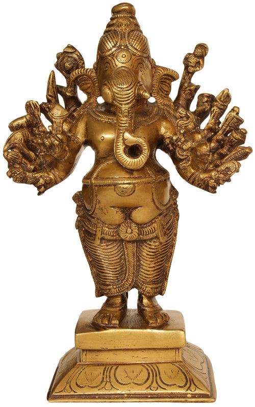 9" Sixteen-Armed Standing Ganesha Brass Handmade Statue