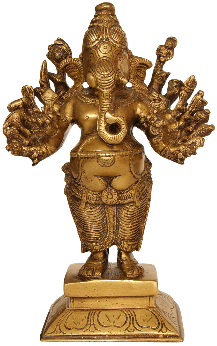 9" Sixteen-Armed Standing Ganesha Brass Handmade Statue