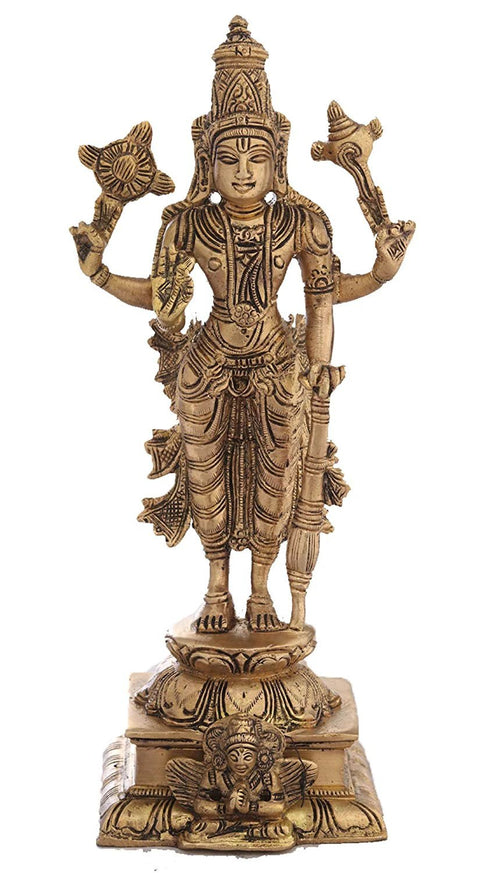 9" Four-Armed Standing Vishnu Brass Sculpture | Handmade | Made in India