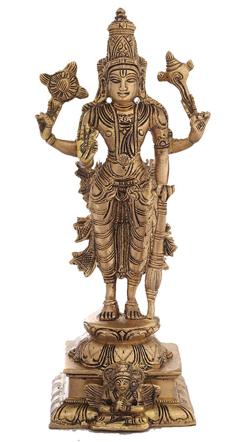 9" Four-Armed Standing Vishnu Handmade Brass Statue