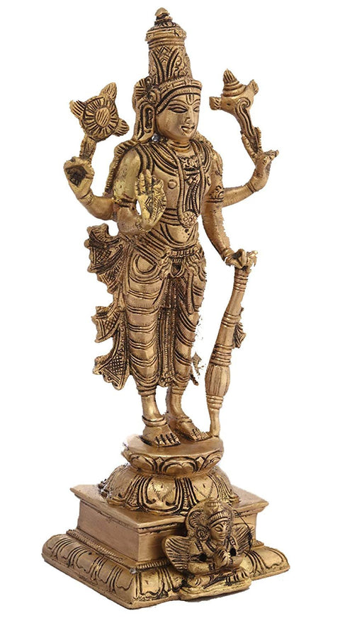 9" Four-Armed Standing Vishnu Brass Sculpture | Handmade | Made in India