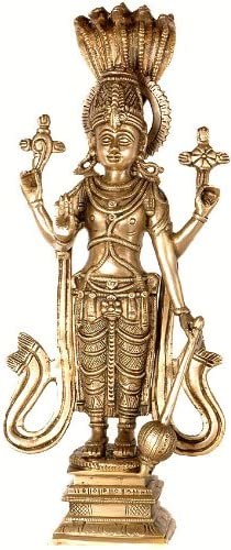 12" Standing Vishnu with Five-Hooded Shesha Brass Statue Handmade